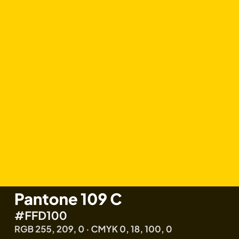 Pantone 109 C yellow swatch with HEX #FFD100, RGB 255 209 0 and CMYK 0 18 100 0 values