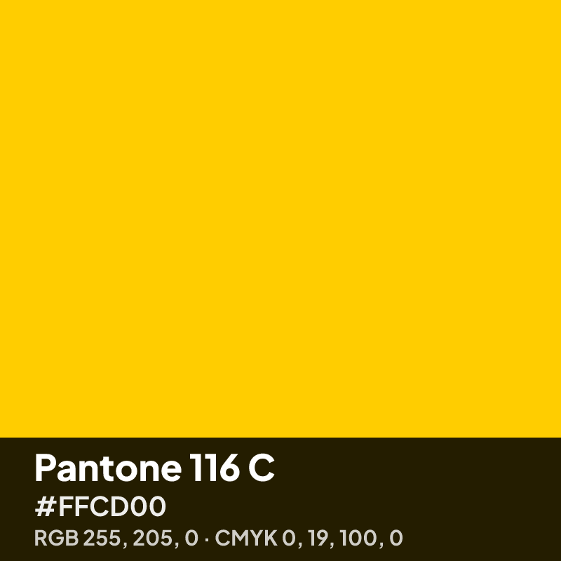 Pantone 116 C yellow swatch with HEX #FFCD00, RGB 255 205 0 and CMYK 0 19 100 0 values