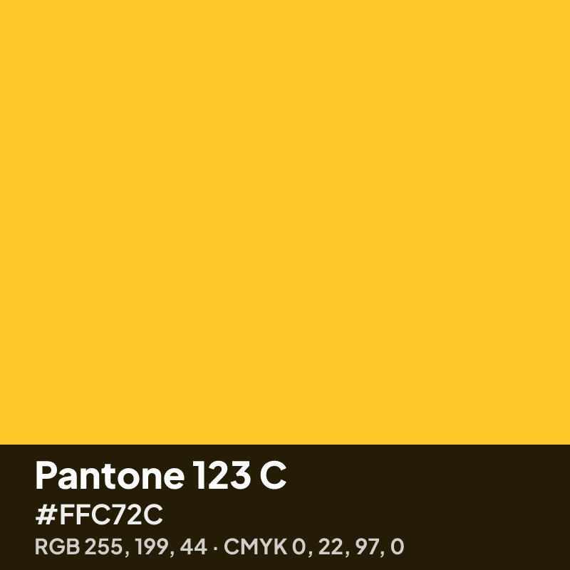 Pantone 123 C gold swatch with HEX #FFC72C, RGB 255 199 44 and CMYK 0 22 97 0 values
