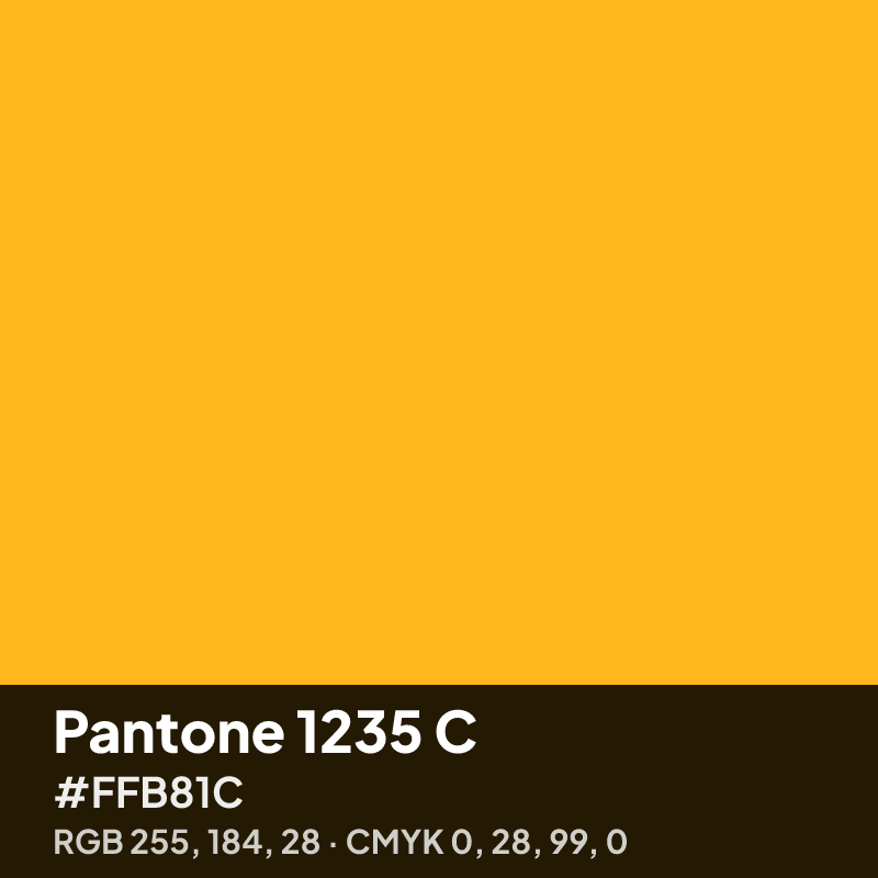 Pantone 1235 C gold swatch with HEX #FFB81C, RGB 255 184 28 and CMYK 0 28 99 0 values