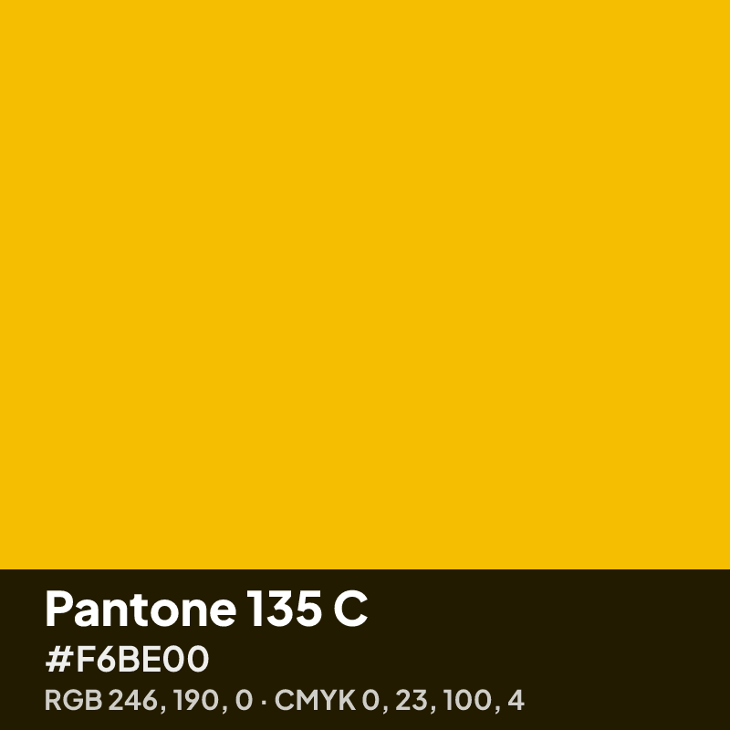 Pantone 135 C yellow swatch with HEX #F6BE00, RGB 246 190 0 and CMYK 0 23 100 4 values