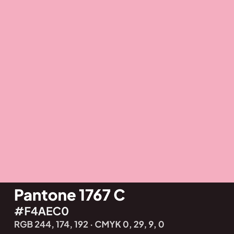 Pantone 1767 C pink swatch with HEX #F4AEC0, RGB 244 174 192 and CMYK 0 29 9 0 values