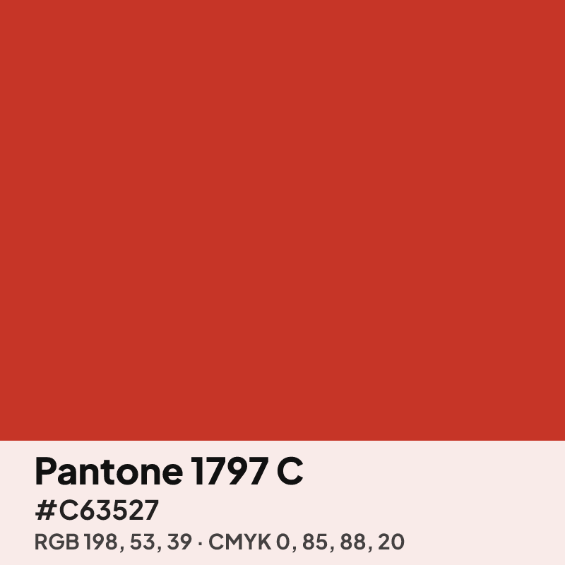 Pantone 1797 C red swatch with HEX #C63527, RGB 198 53 39 and CMYK 0 85 88 20 values