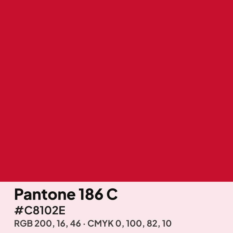 Pantone 186 C red swatch with HEX #C8102E, RGB 200 16 46 and CMYK 0 100 82 10 values