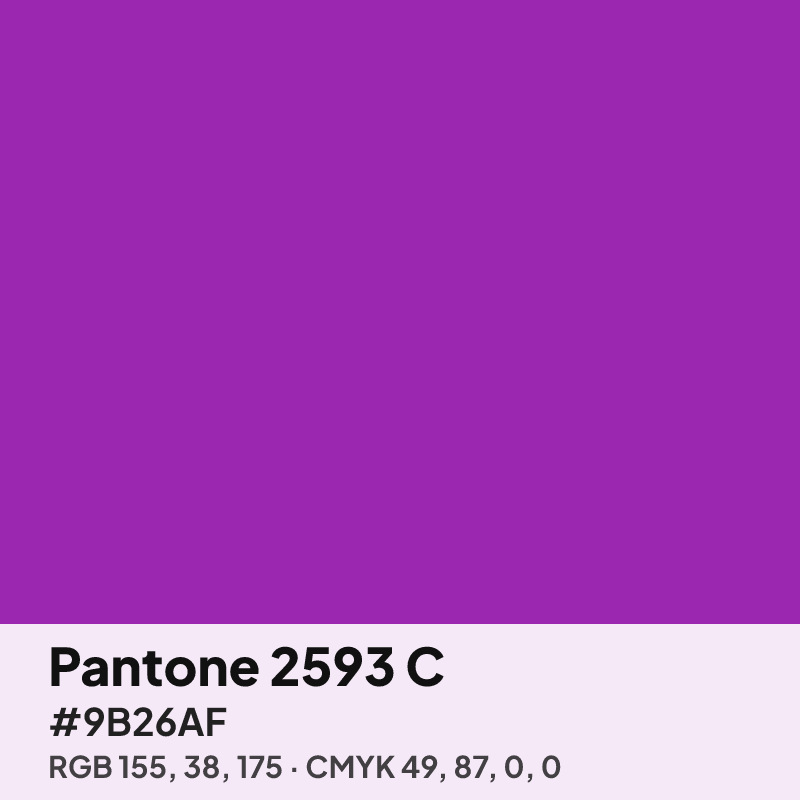 Pantone 2593 C purple swatch with HEX #9B26AF, RGB 155 38 175 and CMYK 49 87 0 0 values