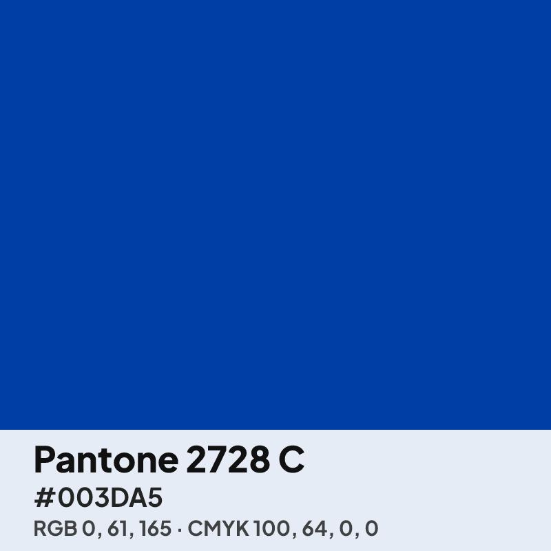 Pantone 2728 C blue swatch with HEX #003DA5, RGB 0 61 165 and CMYK 100 64 0 0 values