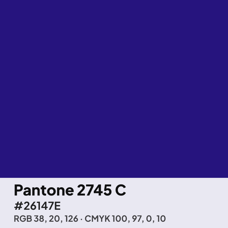 Pantone 2745 C purple swatch with HEX #26147E, RGB 38 20 126 and CMYK 100 97 0 10 values