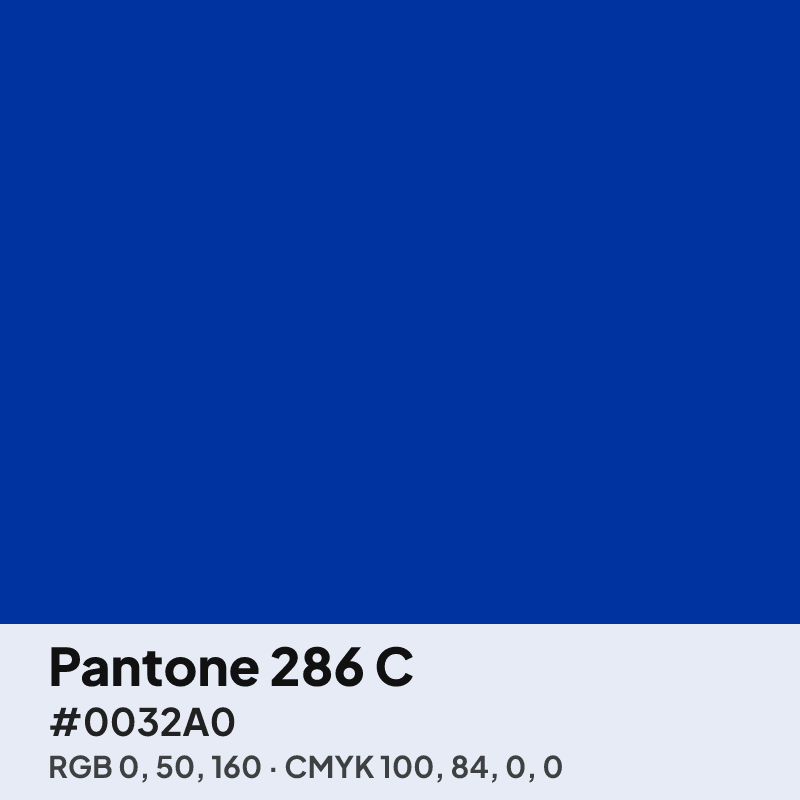 Pantone 286 C blue swatch with HEX #0032A0, RGB 0 50 160 and CMYK 100 84 0 0 values
