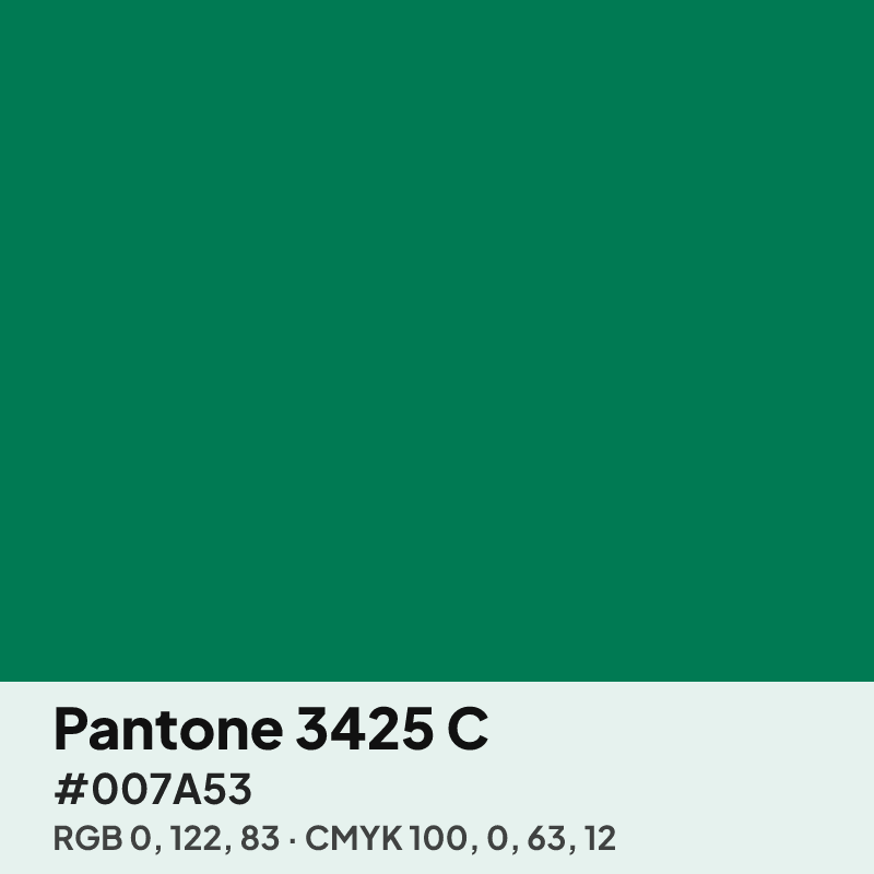 Pantone 3425 C green swatch with HEX #007A53, RGB 0 122 83 and CMYK 100 0 63 12 values