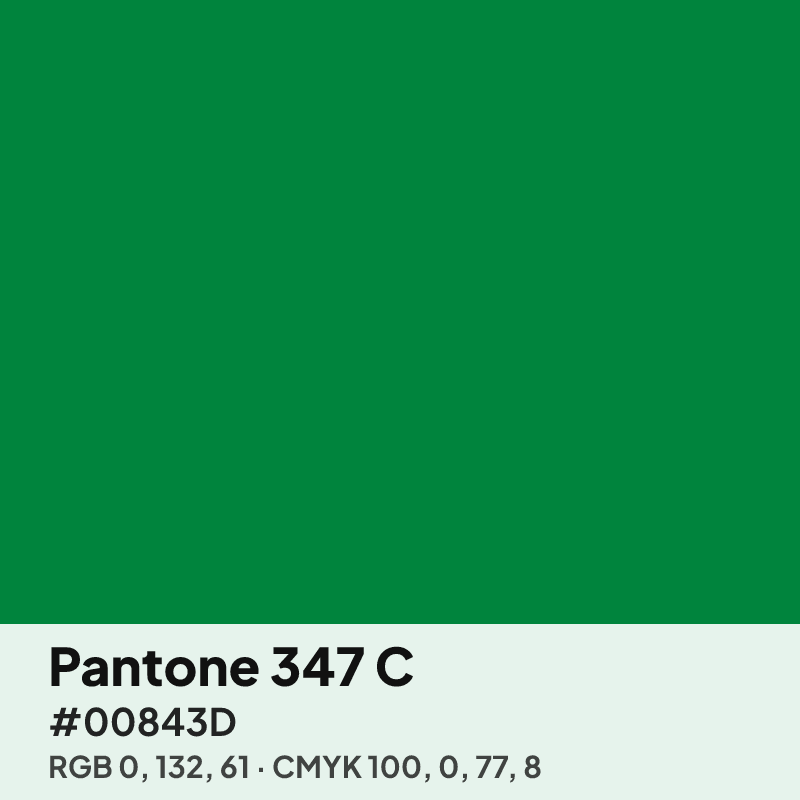 Pantone 347 C green swatch with HEX #00843D, RGB 0 132 61 and CMYK 100 0 77 8 values