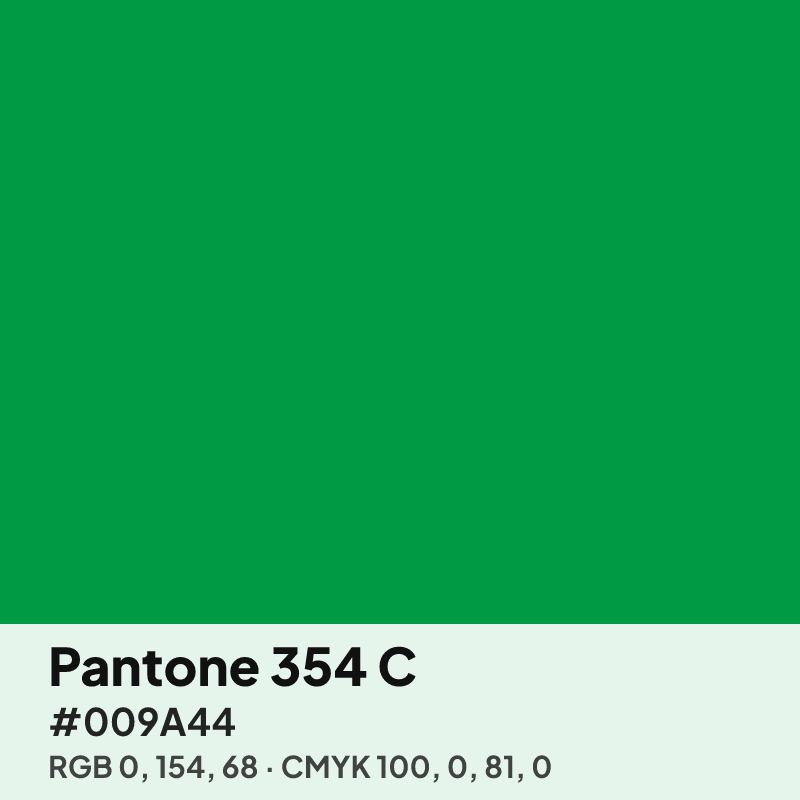 Pantone 354 C green swatch with HEX #009A44, RGB 0 154 68 and CMYK 100 0 81 0 values