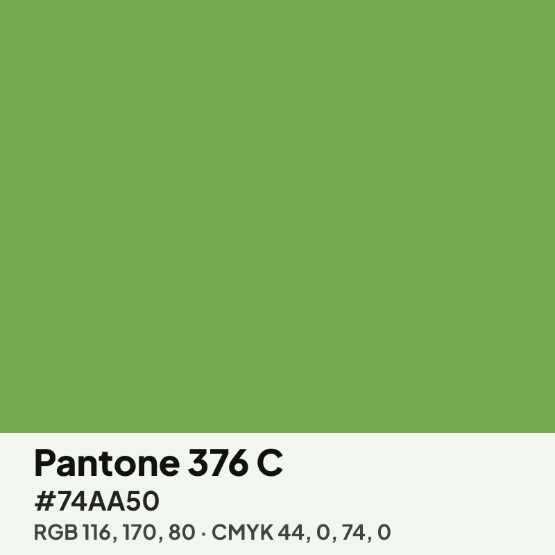Pantone 376 C green swatch with HEX #74AA50, RGB 116 170 80 and CMYK 44 0 74 0 values