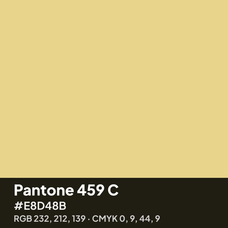 Pantone 459 C gold swatch with HEX #E8D48B, RGB 232 212 139 and CMYK 0 9 44 9 values