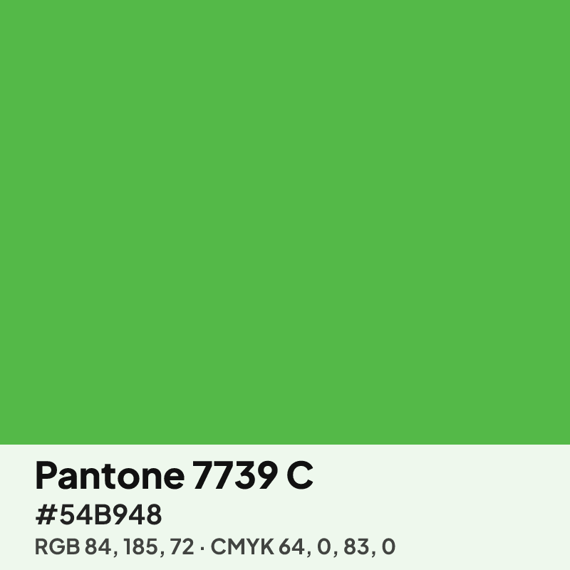 Pantone 7739 C green swatch with HEX #54B948, RGB 84 185 72 and CMYK 64 0 83 0 values