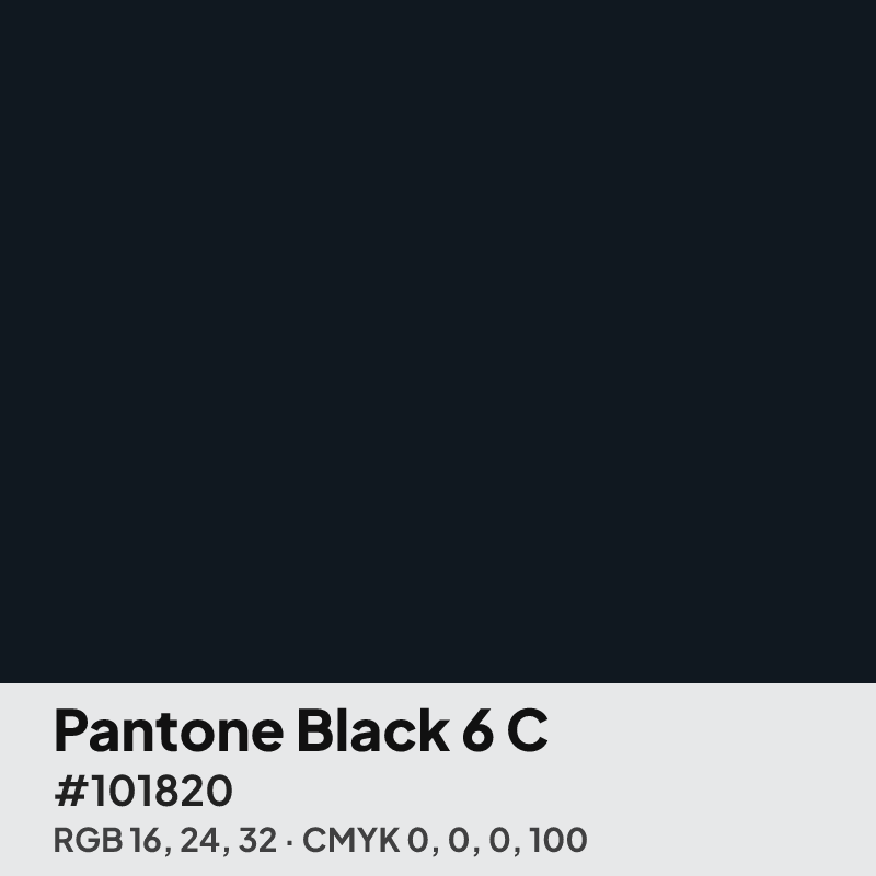Pantone Black 6 C swatch with HEX #101820, RGB 16 24 32 and CMYK 0 0 0 100 values