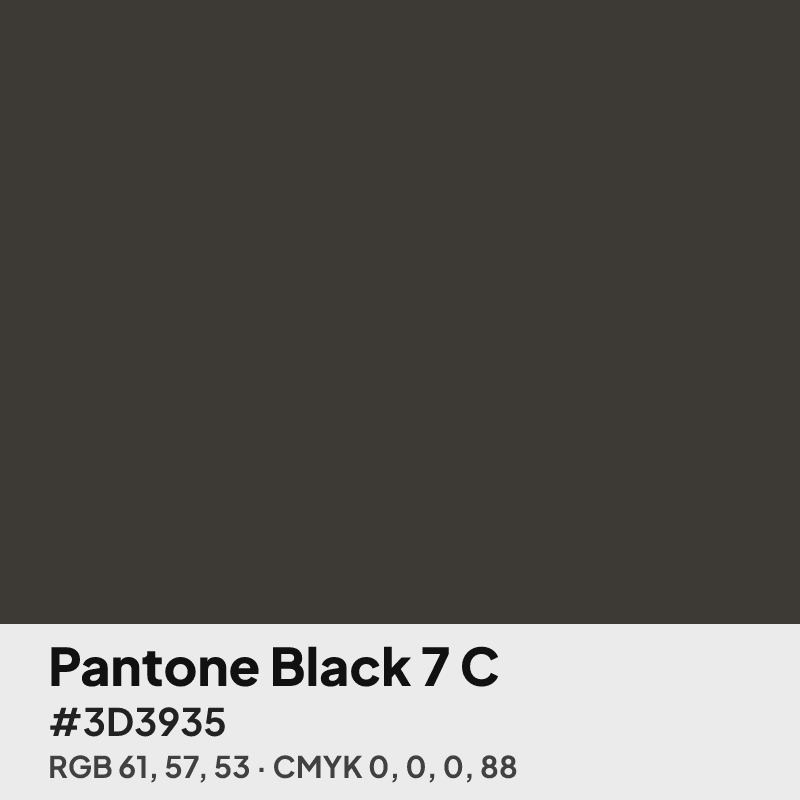 Pantone Black 7 C swatch with HEX #3D3935, RGB 61 57 53 and CMYK 0 0 0 88 values
