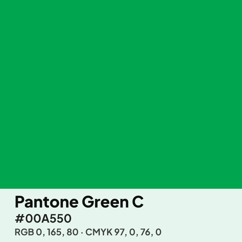 Pantone Green C swatch with HEX #00A550, RGB 0 165 80 and CMYK 97 0 76 0 values