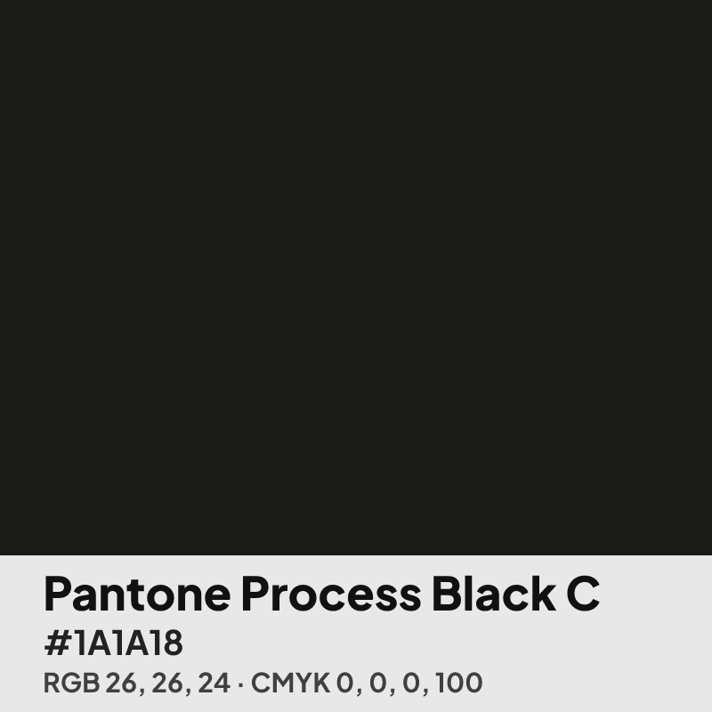 Pantone Process Black C swatch with HEX #1A1A18, RGB 26 26 24 and CMYK 0 0 0 100 values
