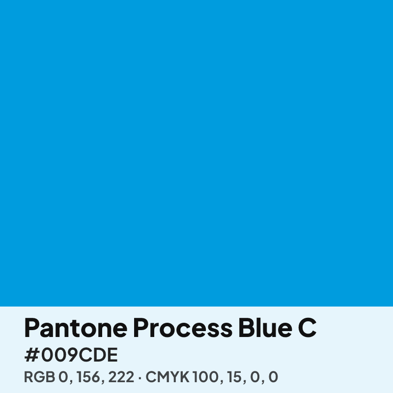 Pantone Process Blue C swatch with HEX #009CDE, RGB 0 156 222 and CMYK 100 15 0 0 values