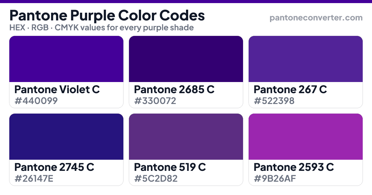 Pantone Purple color chart showing swatches for Violet C, 2685 C, 267 C, 2745 C, 519 C and 2593 C with HEX, RGB and CMYK values