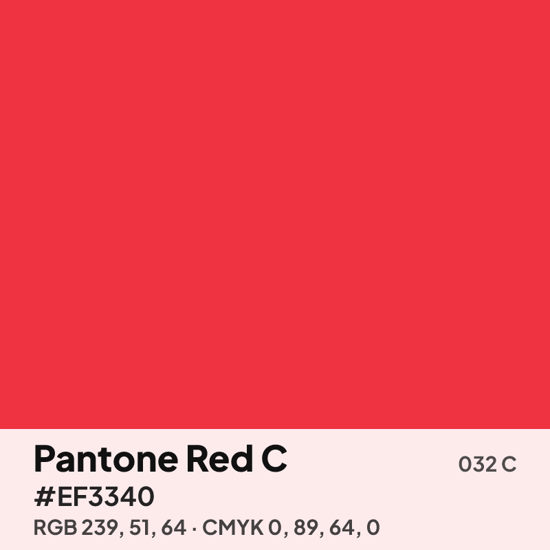 Pantone Red C swatch with HEX #EF3340, RGB 239 51 64 and CMYK 0 89 64 0 values