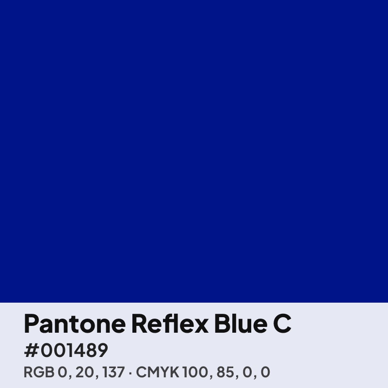 Pantone Reflex Blue C swatch with HEX #001489, RGB 0 20 137 and CMYK 100 85 0 0 values