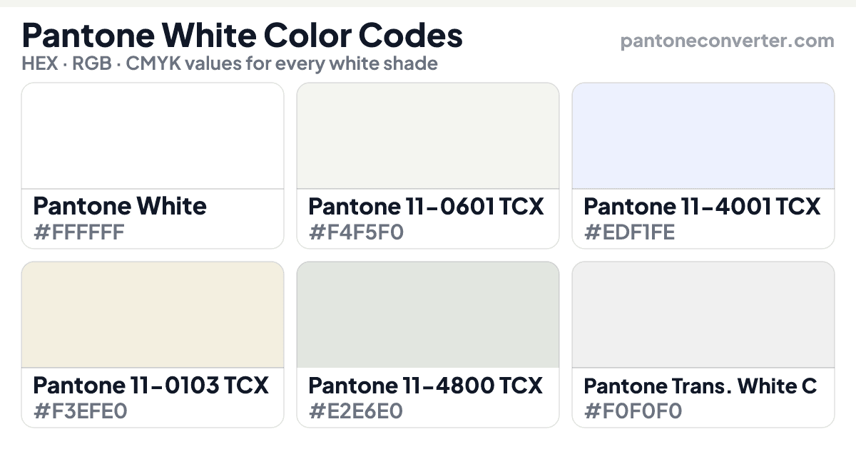 Pantone White color chart showing swatches for White, 11-0601 TCX, 11-4001 TCX, 11-0103 TCX, 11-4800 TCX and Trans. White C with HEX, RGB and CMYK values