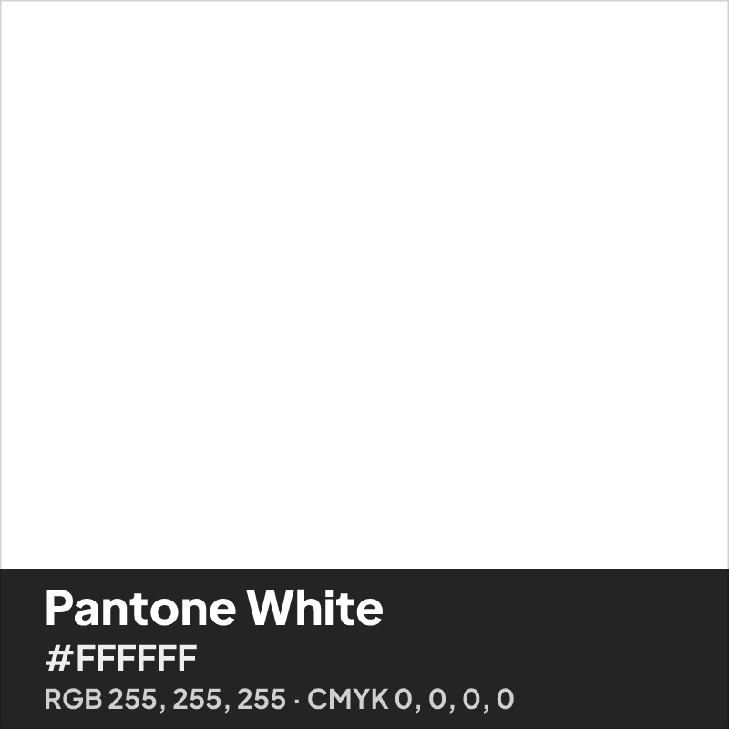 Pantone White swatch with HEX #FFFFFF, RGB 255 255 255 and CMYK 0 0 0 0 values