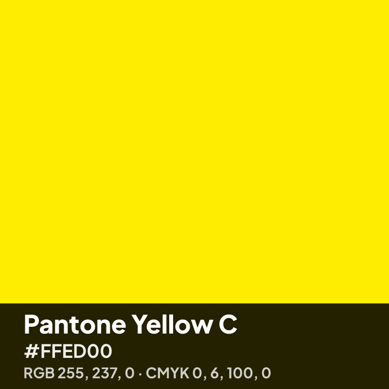 Pantone Yellow C swatch with HEX #FFED00, RGB 255 237 0 and CMYK 0 6 100 0 values